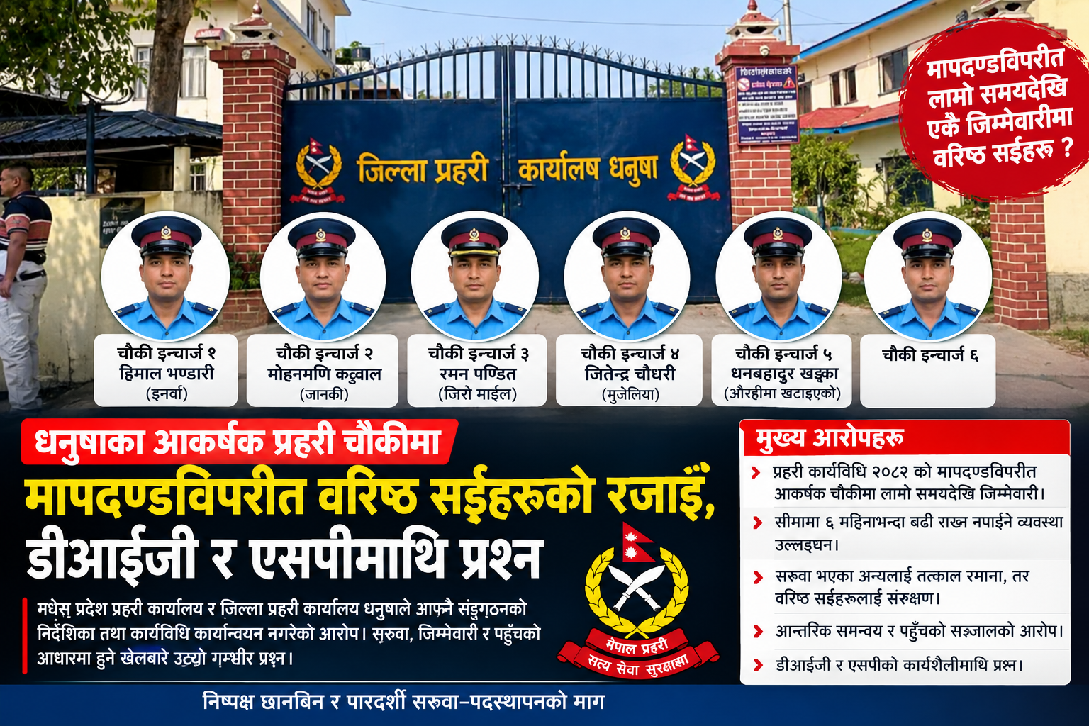 Photo of धनुषाका आकर्षक प्रहरी चौकीमा मापदण्डविपरीत वरिष्ठ सईहरूको रजाइँ, डीआईजी र एसपीमाथि प्रश्न